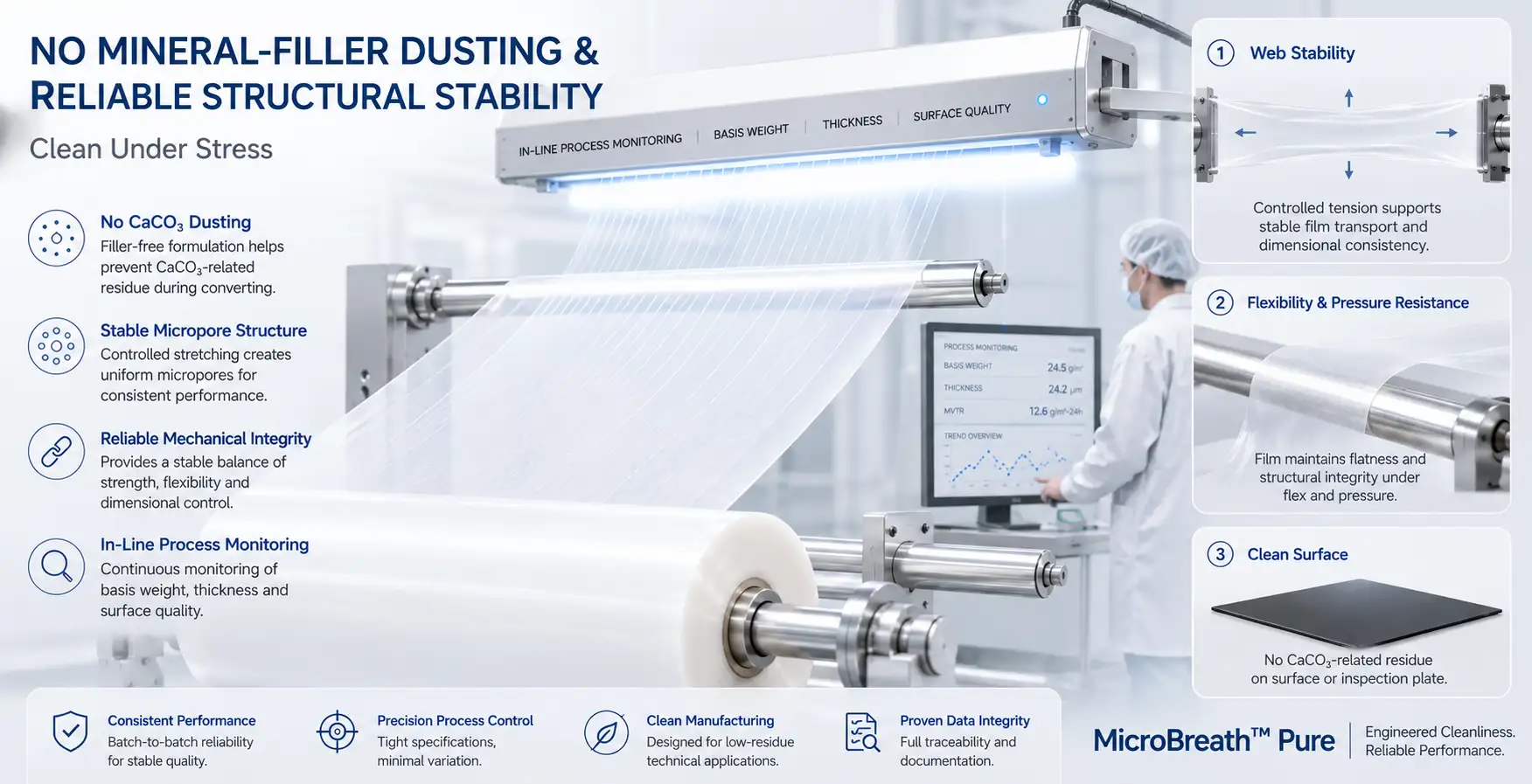 No mineral-filler dusting and reliable structural stability