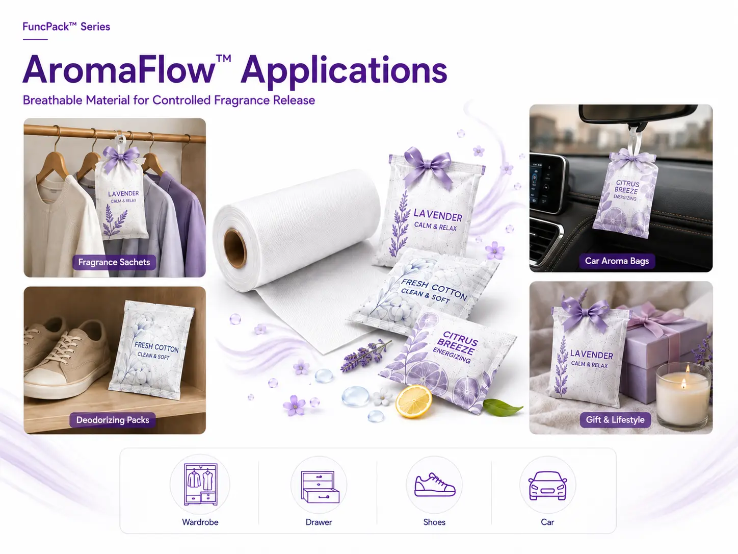 AromaFlow fragrance sachets, car fragrance packs and deodorizing pack applications