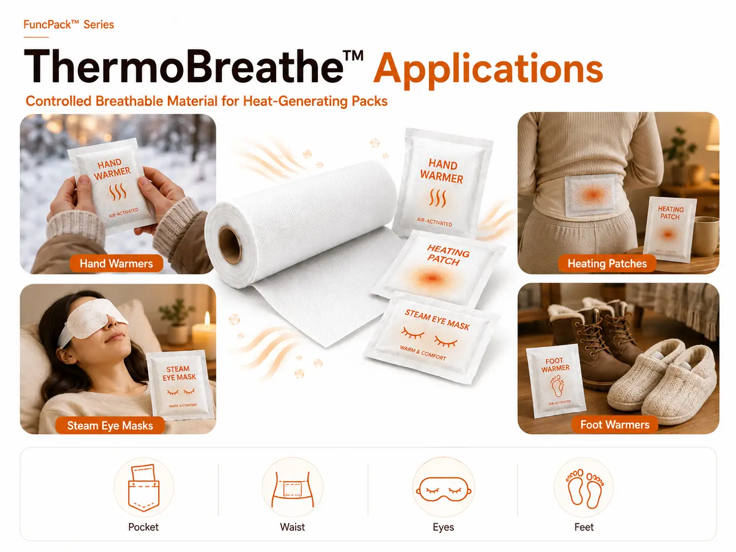 ThermoBreathe applications including hand warmers, heat eye masks and body heating patches