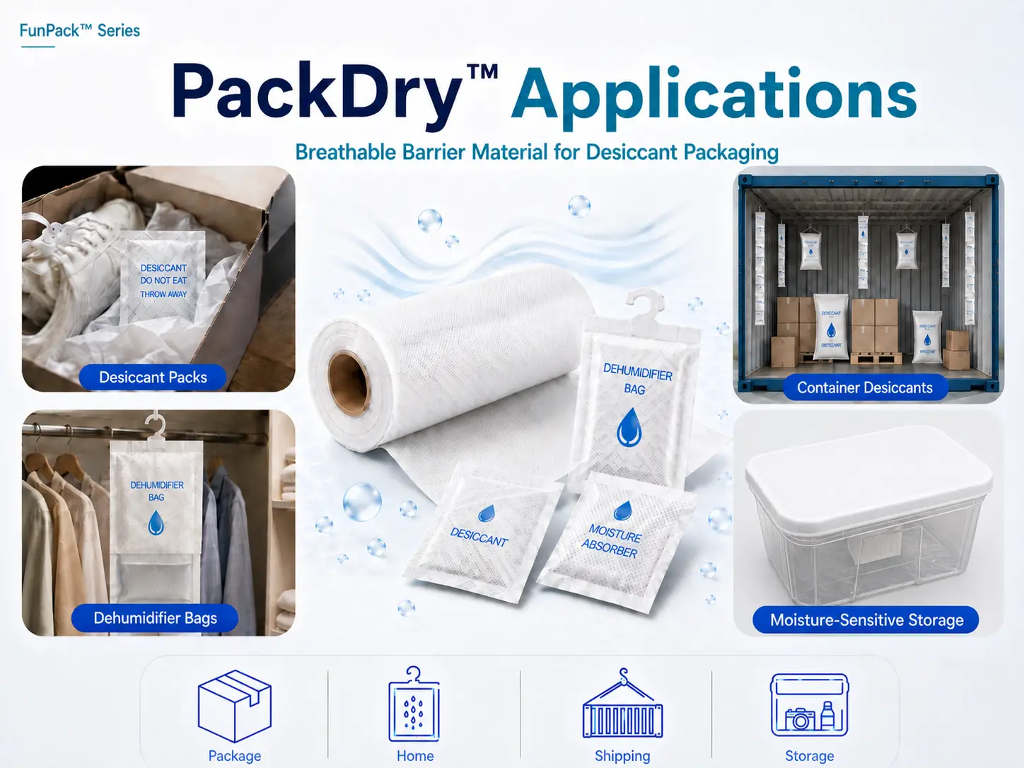 PackDry desiccant packaging applications including desiccant packs, dehumidifier bags, container desiccants and moisture-sensitive storage