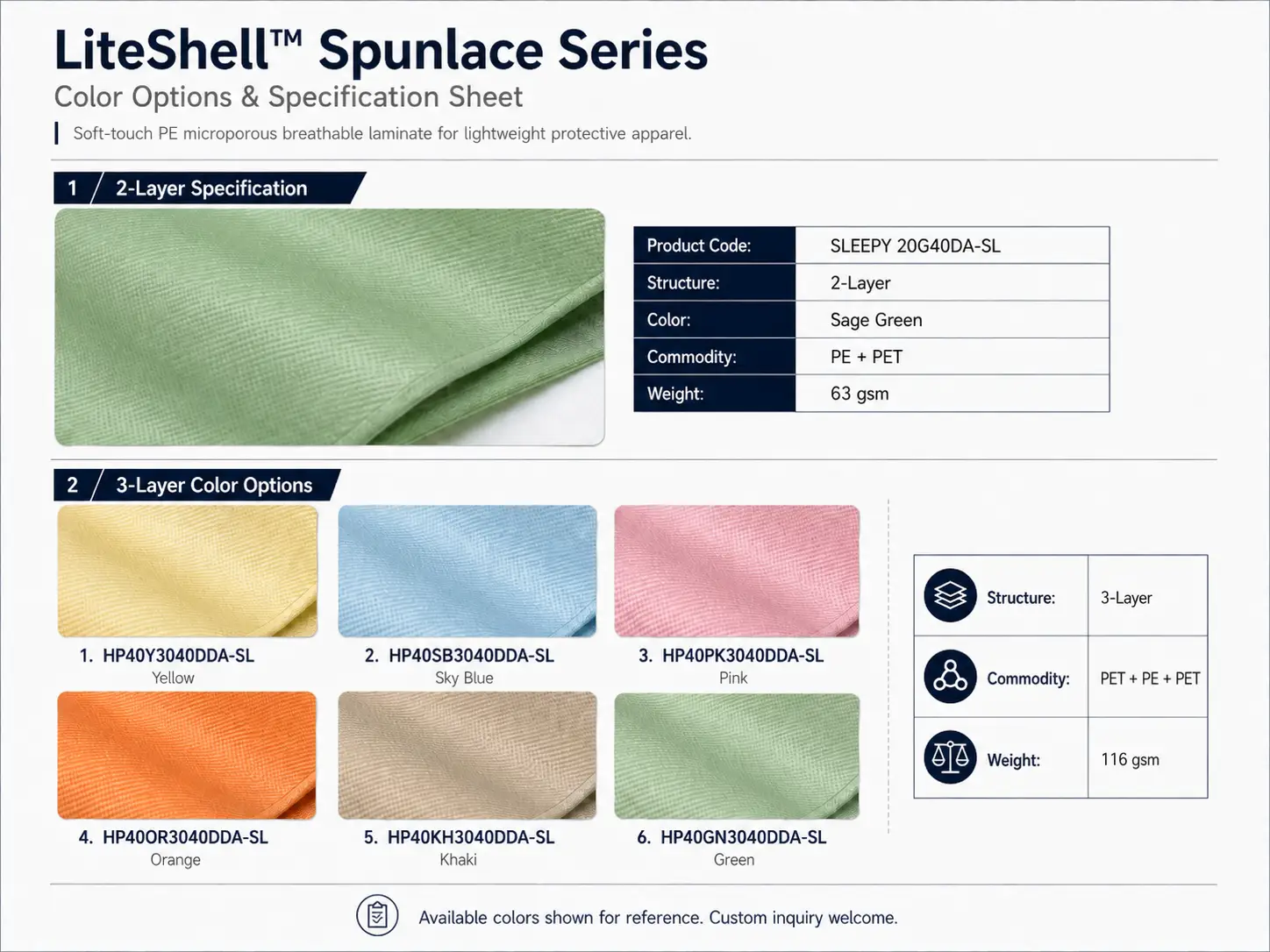 LiteShell™ Spunlace Series color options and specification sheet