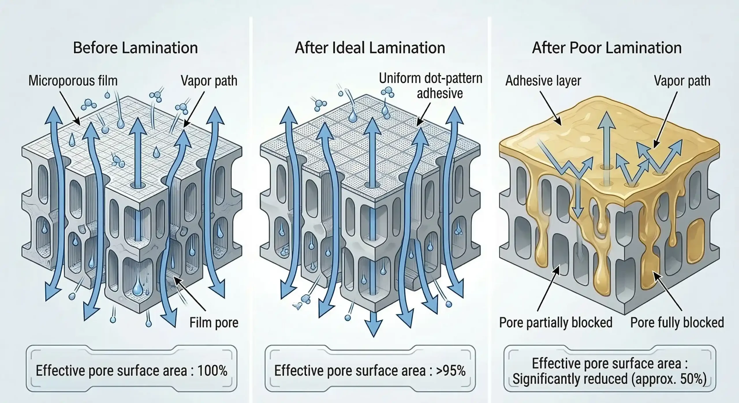 Lamination quality improves MVTR and hydrostatic resistance in breathable laminated fabric