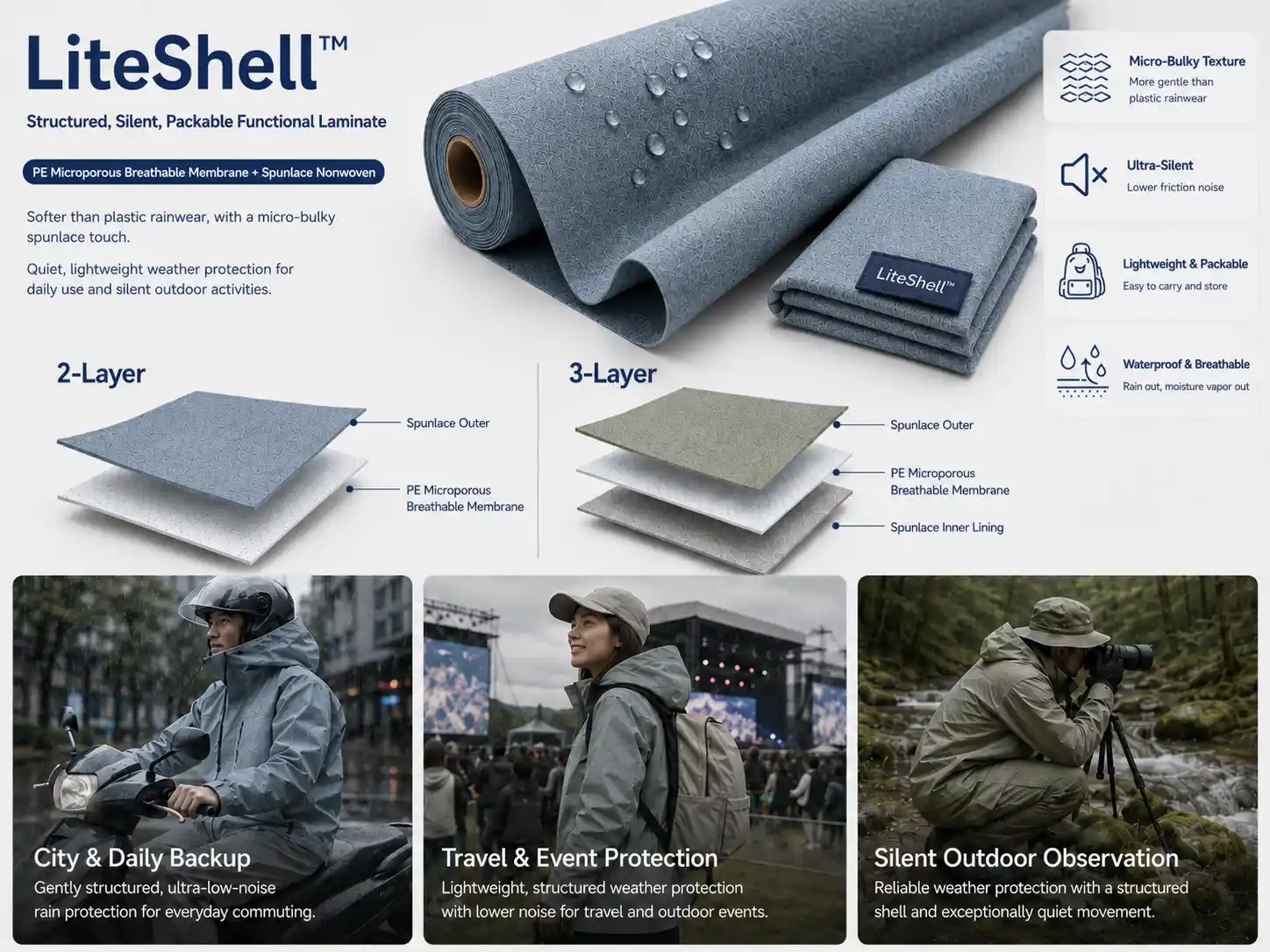 LiteShell™ structured, silent, packable functional laminate overview