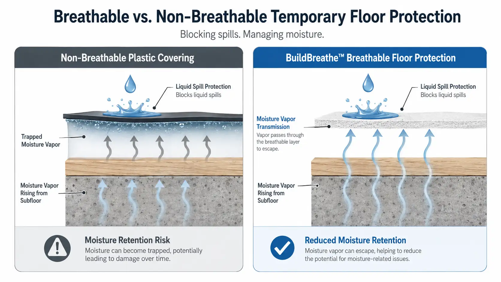 BuildBreathe™ Breathable Floor Protection versus Non-Breathable Plastic Covering