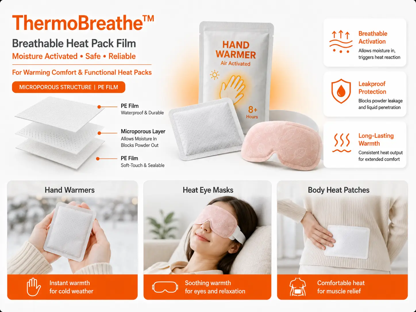 ThermoBreathe breathable material for hand warmers, heating patches and steam eye masks