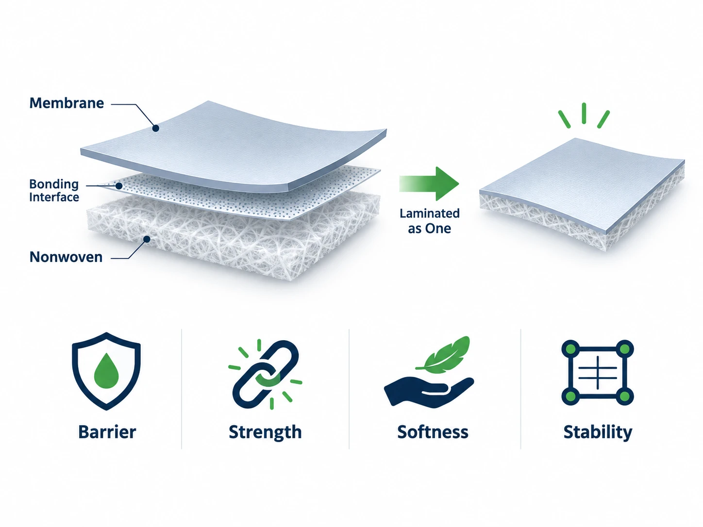 Functional membrane laminated with nonwoven showing barrier, strength, softness, and dimensional stability
